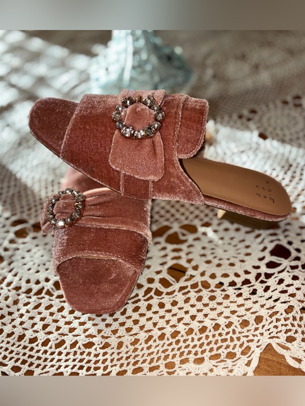 NWT A New Day Velvet Slip-On Mules with Rhinestone Buckle - Rose